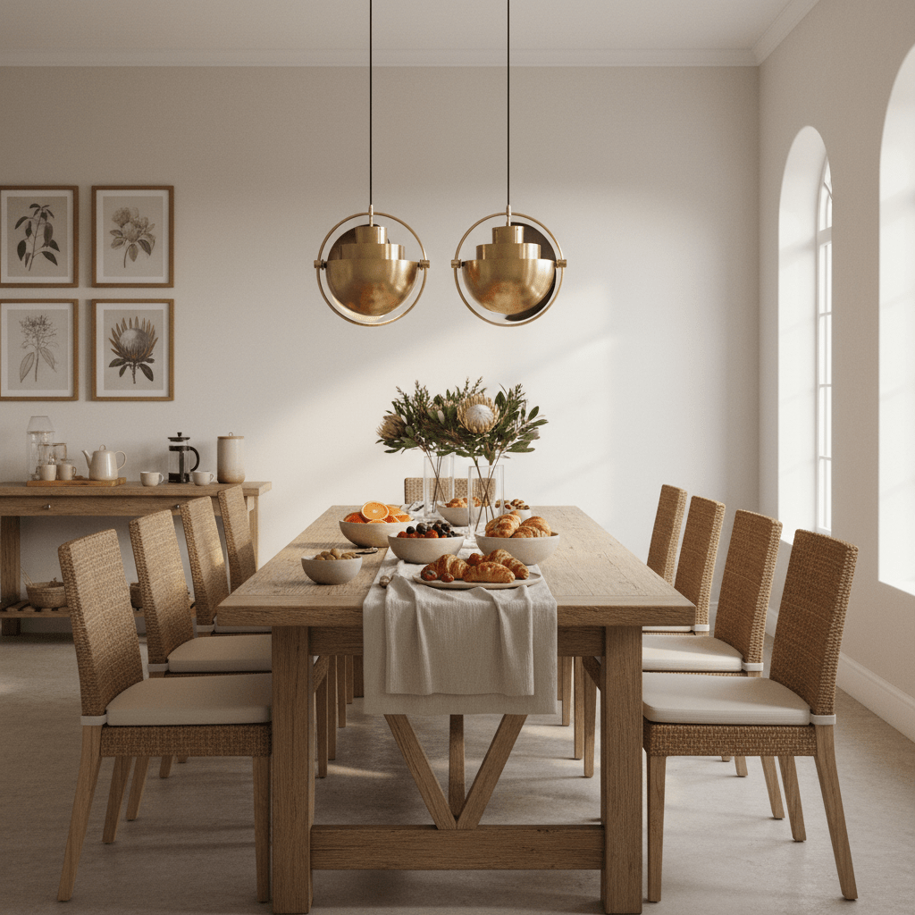 Stylish dining area featuring the Jupiter Mult-Way Antique Brass Medium Pendant above a wooden table set with food.
