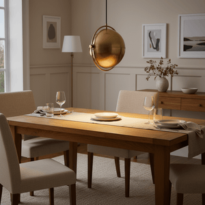 Antique brass pendant light hanging over a wooden dining table set with plates and glasses.