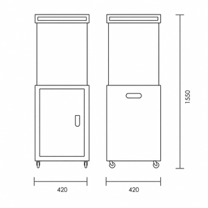 Detailed technical drawing of the Fire Cube space heater, showcasing dimensions and design features.
