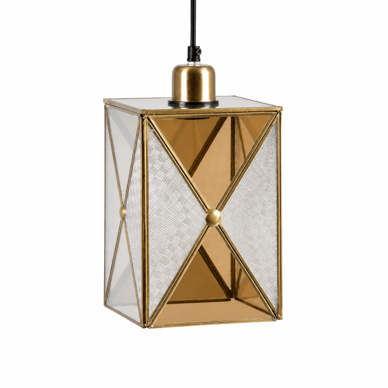 Square Elegance Pendant Light featuring a golden finish and clear glass panels, showcasing a geometric design.