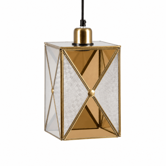 Square Elegance Pendant Light featuring a golden finish and clear glass panels, showcasing a geometric design.