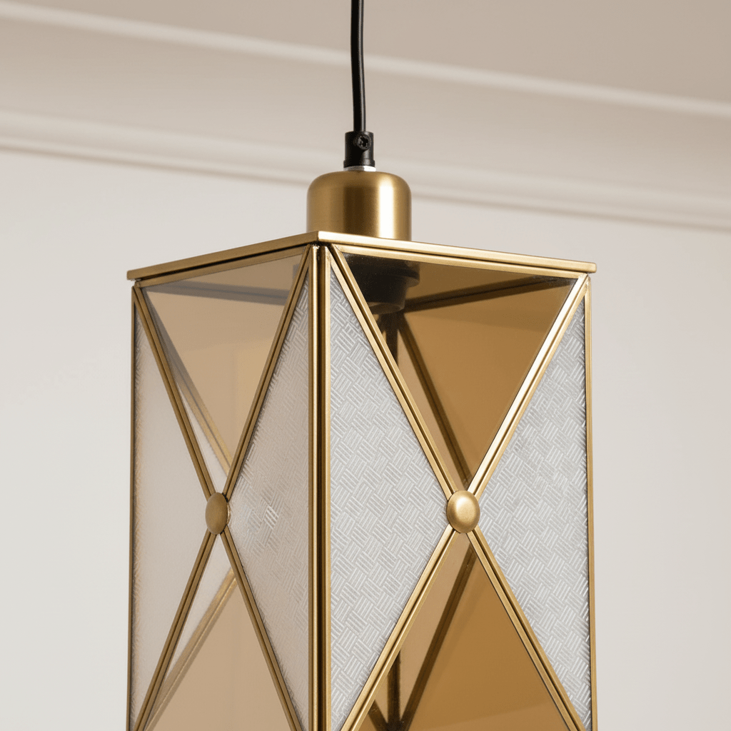 Close-up of the Square Elegance Pendant Light showcasing its golden frame and patterned glass panels.