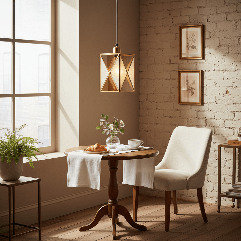 Square Elegance Pendant Light hanging above a wooden table set with a croissant and coffee, in a cozy interior.