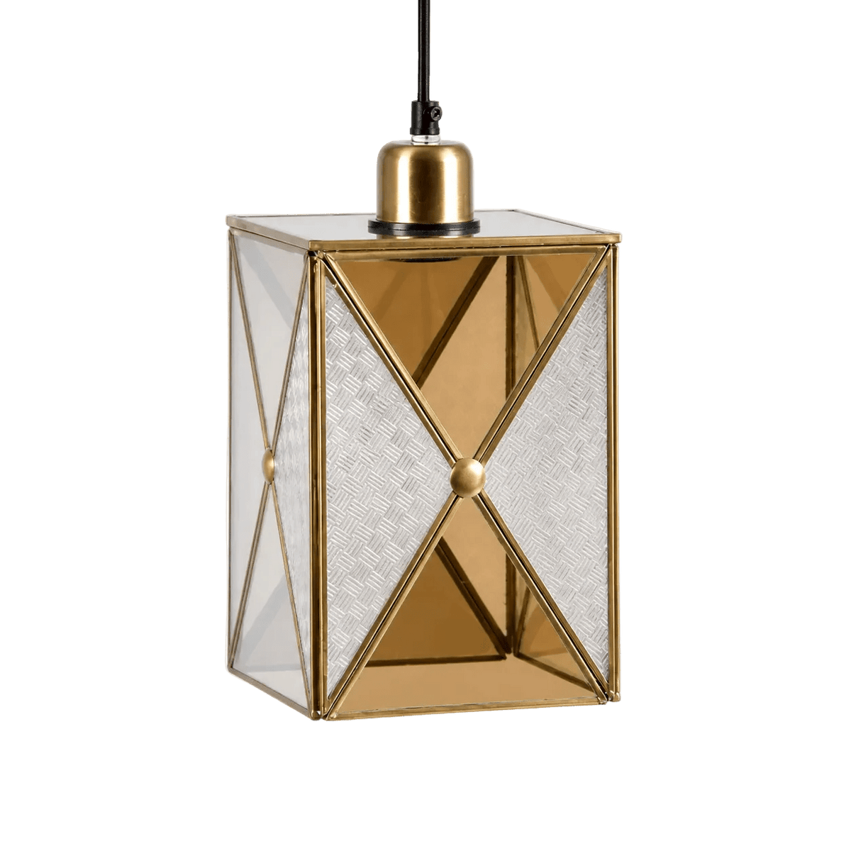 A square pendant light with a gold finish, featuring clear glass panels and a geometric design.