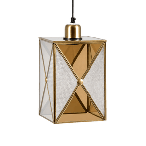 A square pendant light with a gold finish, featuring clear glass panels and a geometric design.