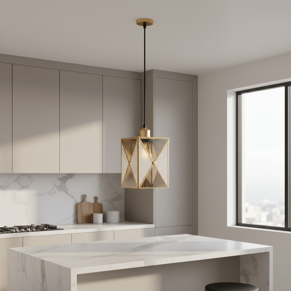 Square Elegance Pendant Light hanging above a kitchen island, featuring a golden frame and clear glass.