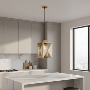 Square Elegance Pendant Light hanging above a kitchen island, featuring a golden frame and clear glass.