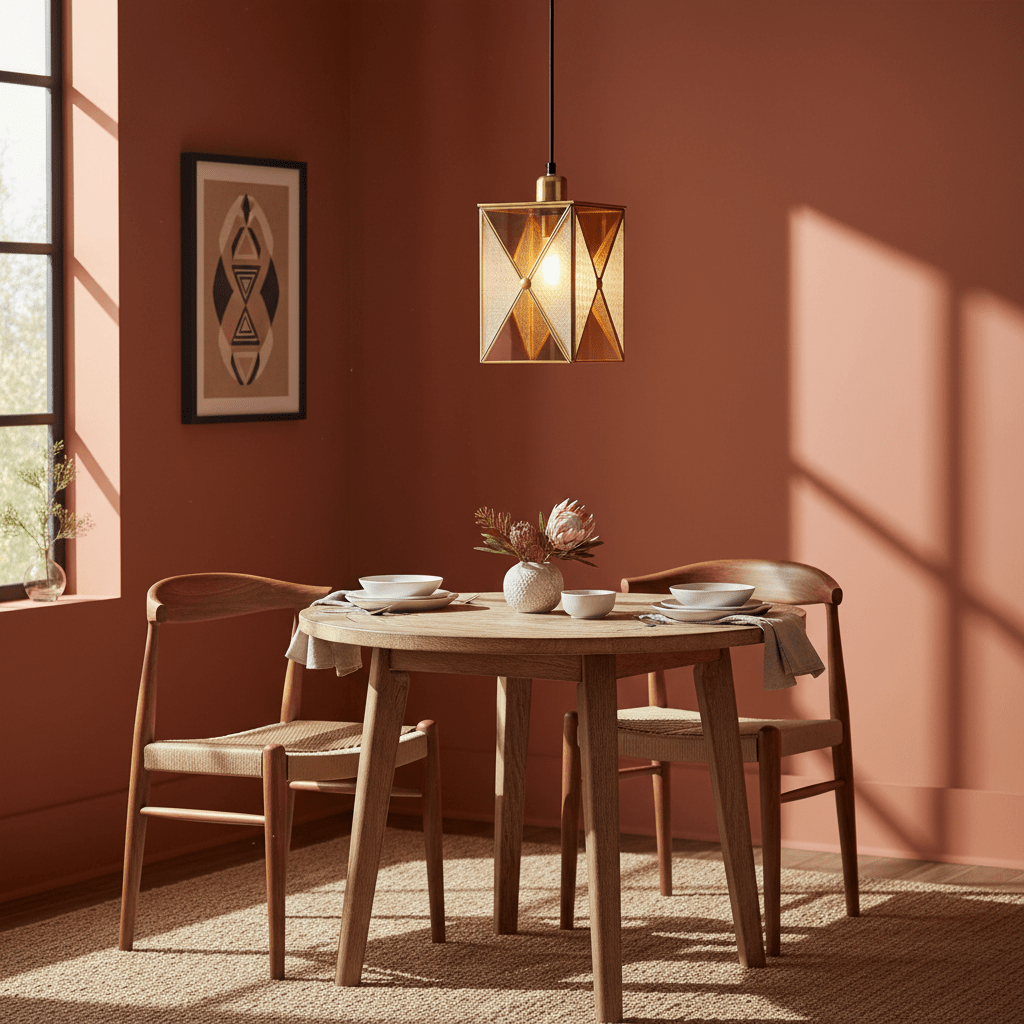 Square Elegance Pendant Light hanging above a wooden dining table set with dishes in a warm-toned room.