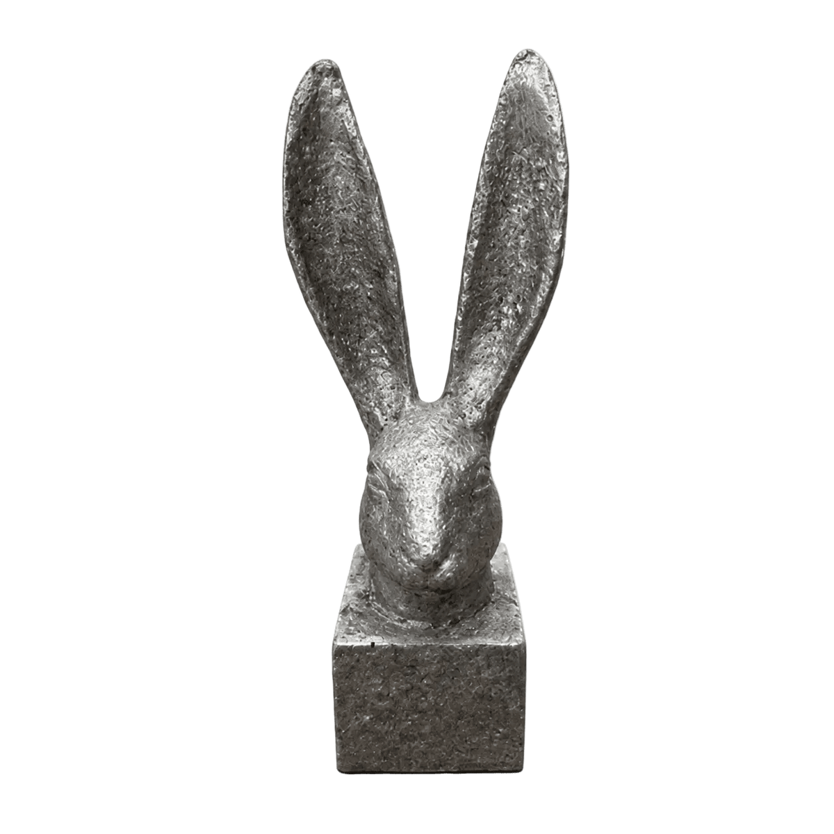 Small grey bunny sculpture with long ears, mounted on a square base, featuring a textured finish.