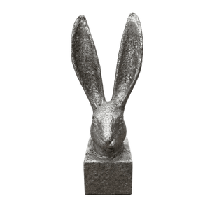 Small grey bunny sculpture with long ears, mounted on a square base, featuring a textured finish.