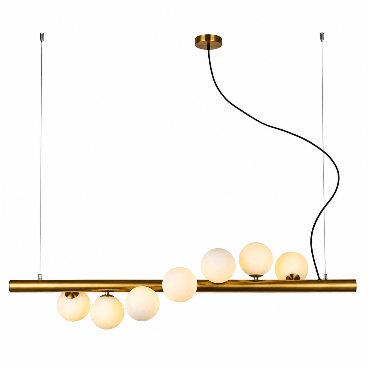 Spiral 7 Light Gold Pendant Light featuring seven opal glass spheres on a sleek gold bar.