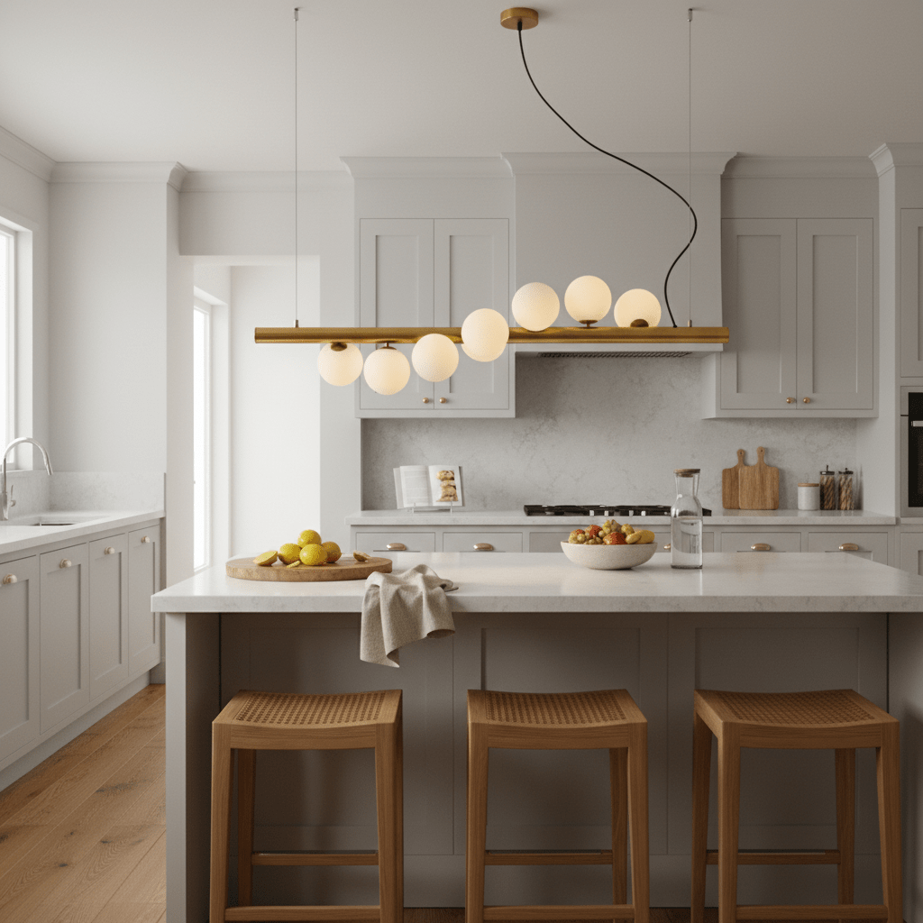 Spiral 7 Light Gold Pendant Light hanging above a modern kitchen island with opal glass spheres and warm gold finish.