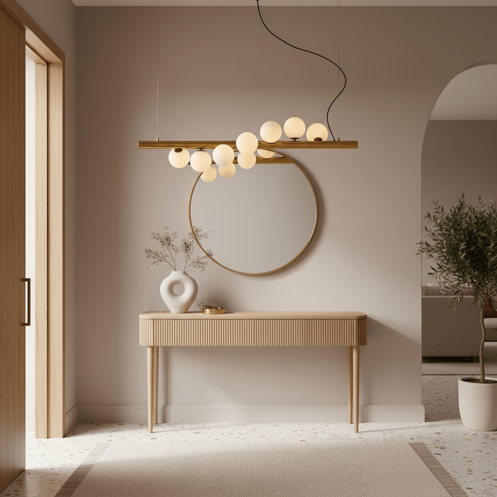 Spiral 7 Light Gold Pendant Light above a wooden console table with a round mirror and decorative vase.