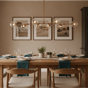 Elegant gold 8-light pendant above a dining table set with plates and glasses, featuring a modern decor.