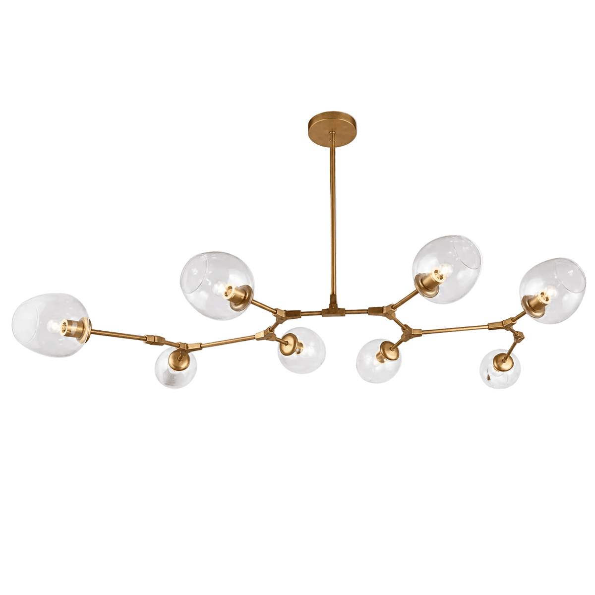 Elegant gold pendant light with eight glass globes, arranged asymmetrically on slender arms.