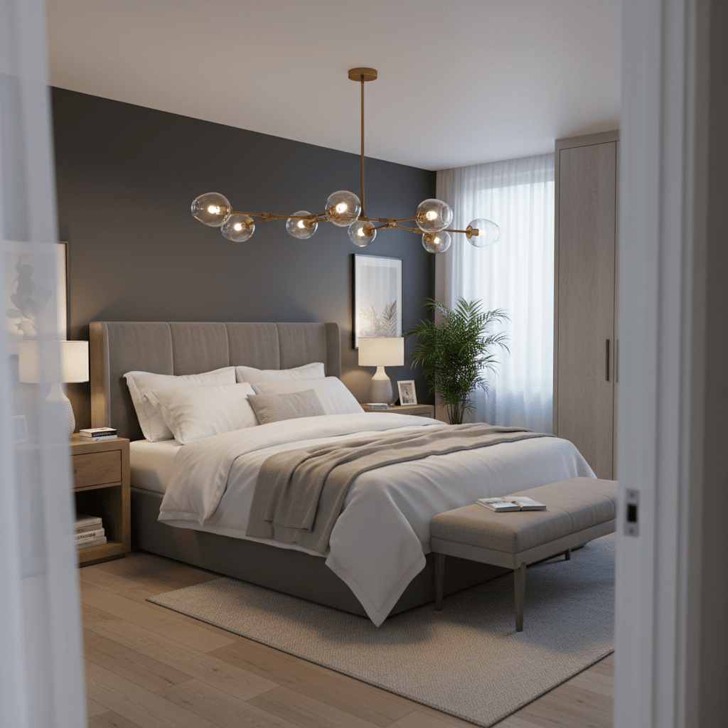 Elegant gold 8-light pendant hanging above a stylish bedroom with a cozy bed and modern decor.