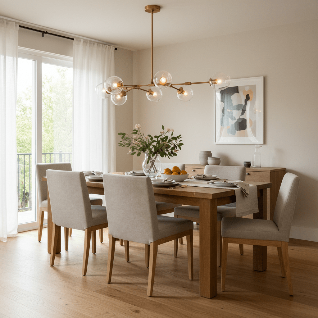 Elegant gold 8-light pendant above a wooden dining table set with tableware and flowers.