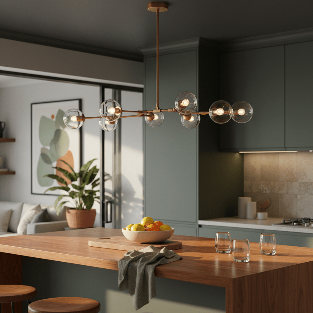 Elegant gold 8-light pendant hanging above a wooden kitchen island with a bowl of fruit.