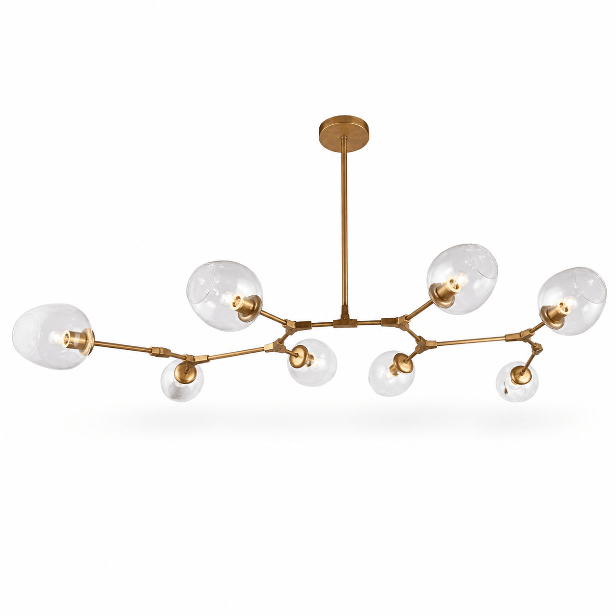 Elegant gold 8-light pendant with clear glass shades, showcasing adjustable arms and modern design.