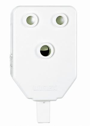 White nylon single Janus coupler with three connection ports, designed for secure indoor use.