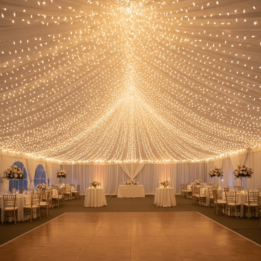 Warm white LED fairy lights draped across a tent ceiling, illuminating a festive dining setup.