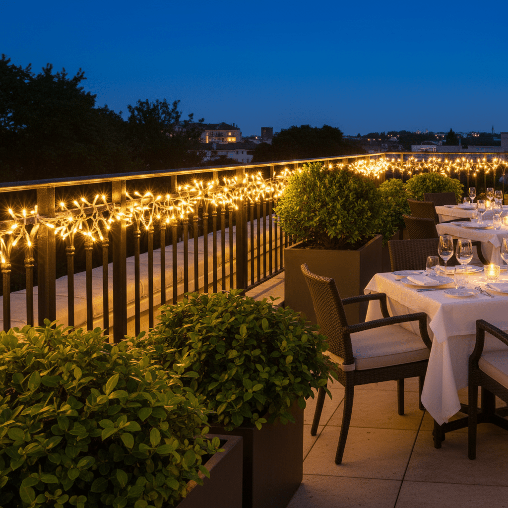 Warm white LED fairy lights illuminate a restaurant terrace, enhancing the evening ambiance with decorative glow.