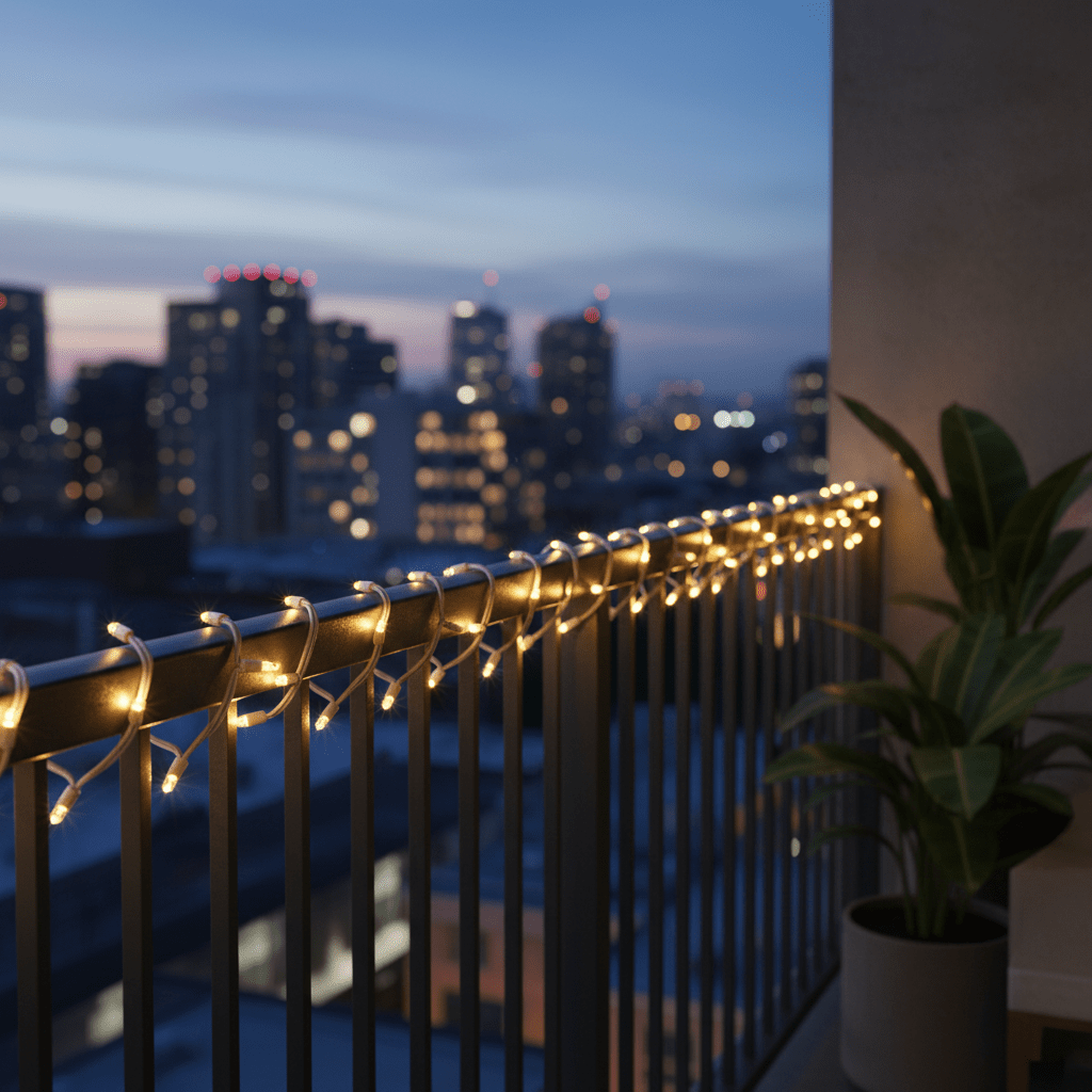 Warm white LED fairy lights draped along a balcony railing with a city skyline at dusk.