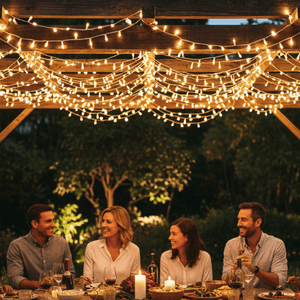 Warm white LED fairy lights draped over a wooden pergola, illuminating a dinner gathering with friends.