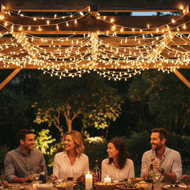 Warm white LED fairy lights draped over a wooden pergola, illuminating a dinner gathering with friends.