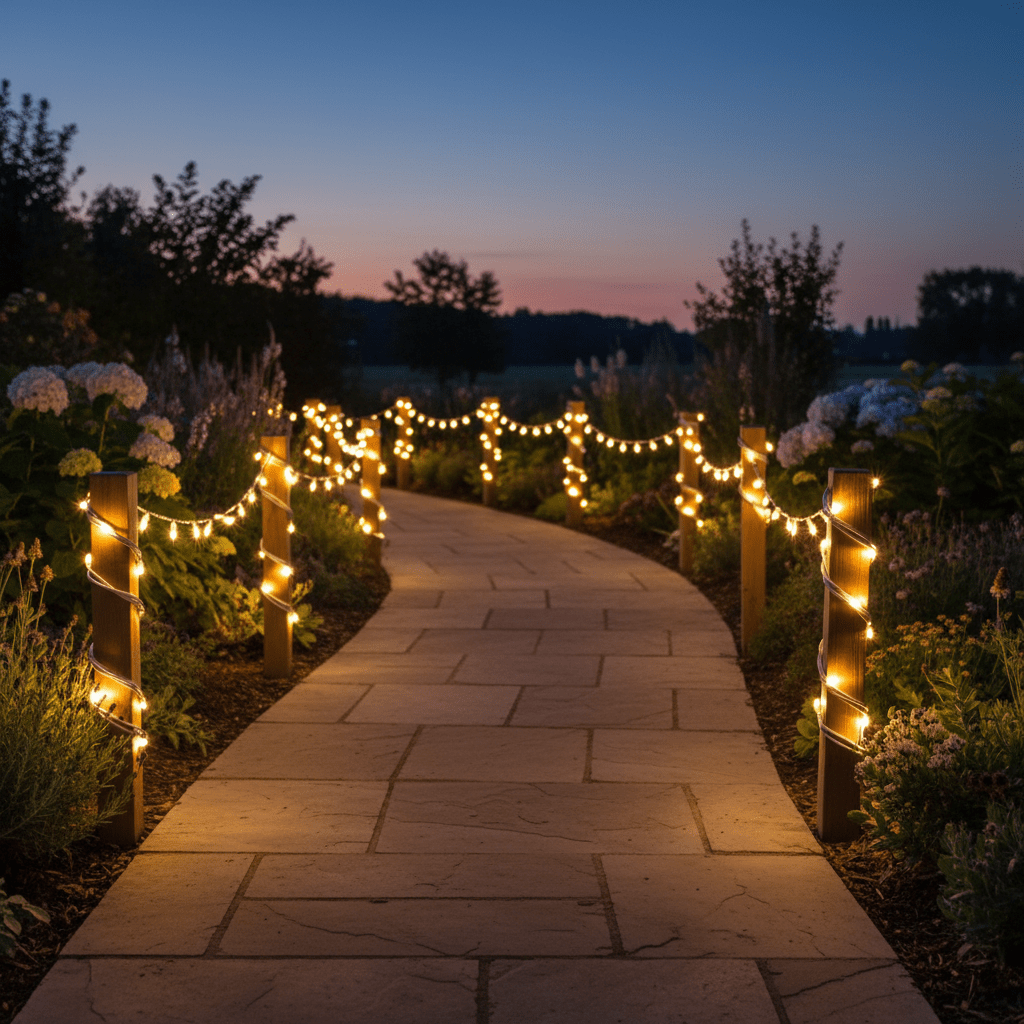 Warm white LED fairy lights illuminate a garden pathway, wrapped around wooden posts amidst flowers.