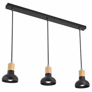 Three-light black pendant with adjustable cords, wooden collars and black dome shades hanging from a rectangular bar.