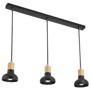 Three black pendant lights with wooden collars hanging from an adjustable black bar