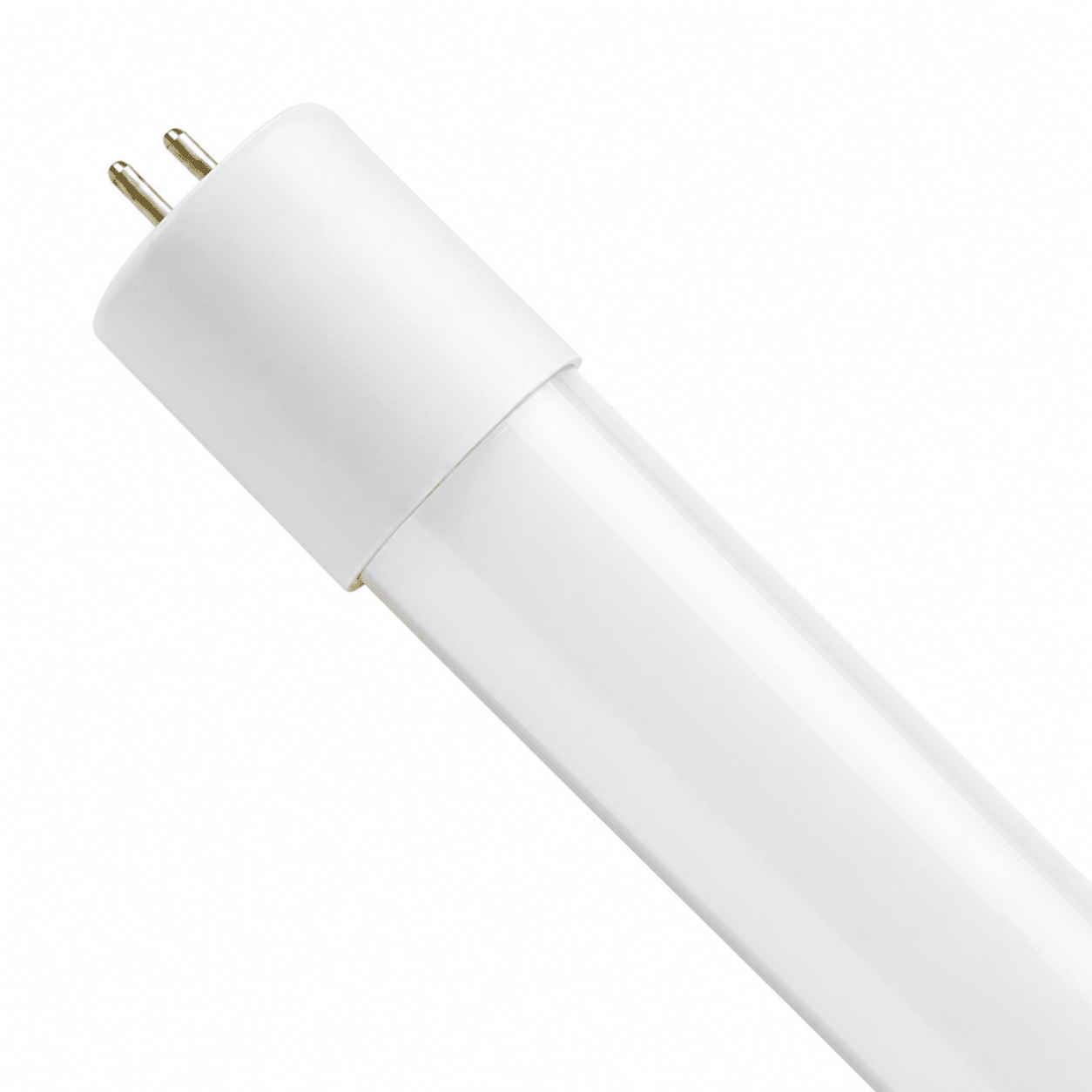 Close-up of a 4ft LED T8 tube with a white finish and G13 cap, showcasing its sleek design.