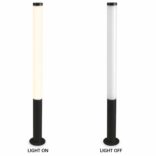 30W black LED bollard light shown with light on and off, highlighting design and functionality.