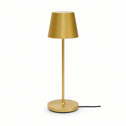 Gold rechargeable table lamp with a rounded shade and a sleek base, showcasing a modern design.