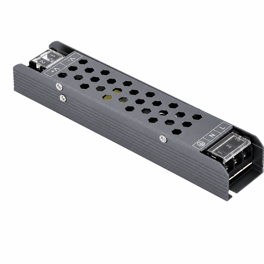 Slim design LED power supply with hexagonal ventilation holes and terminal block for 24Vdc output.
