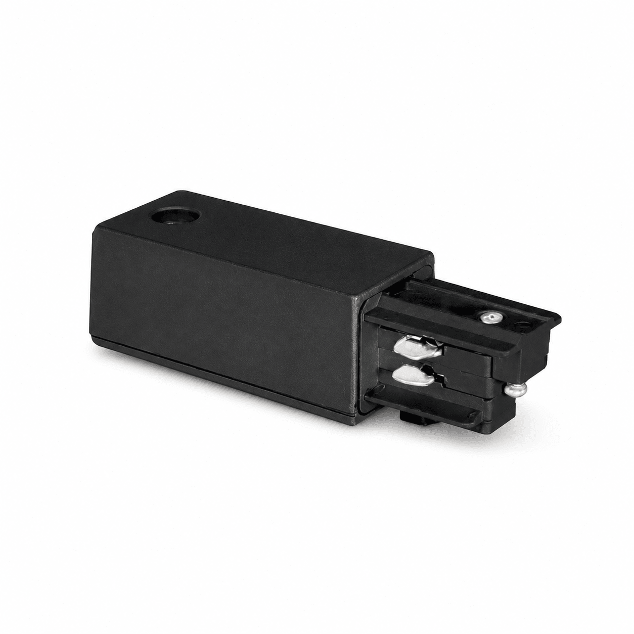 Black 4-wire square track live end, compact design for track lighting systems.
