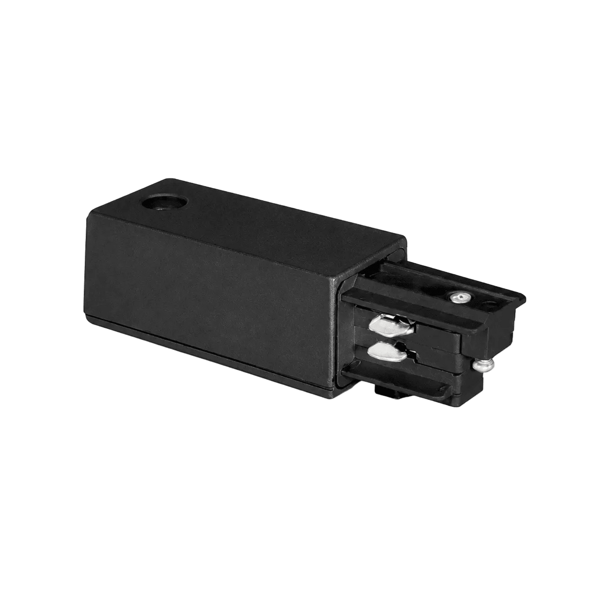 Black 4-wire square track live end with a rectangular body and metal connectors on one side.
