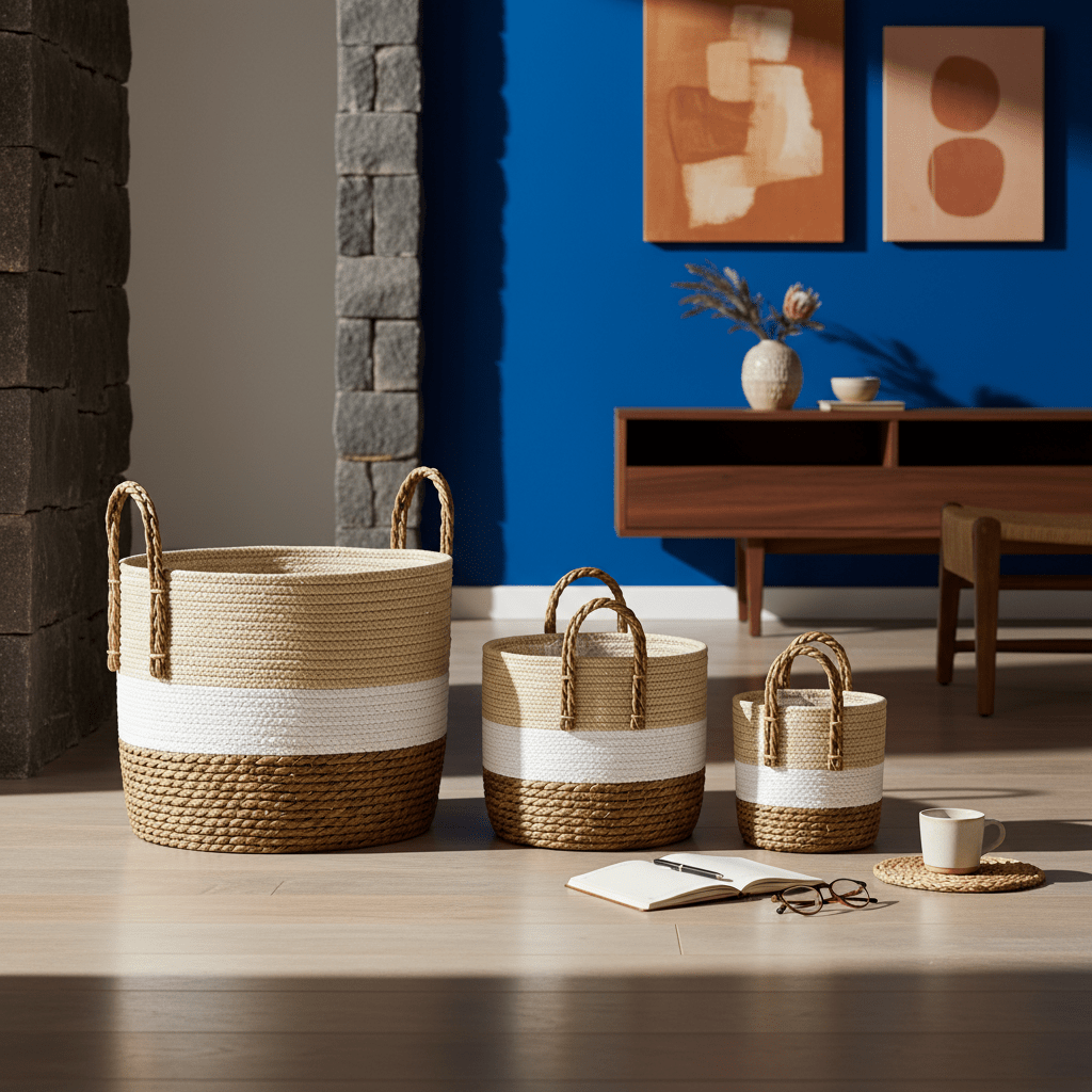 Woven storage basket set in natural, white, and brown displayed in a stylish living room setting.