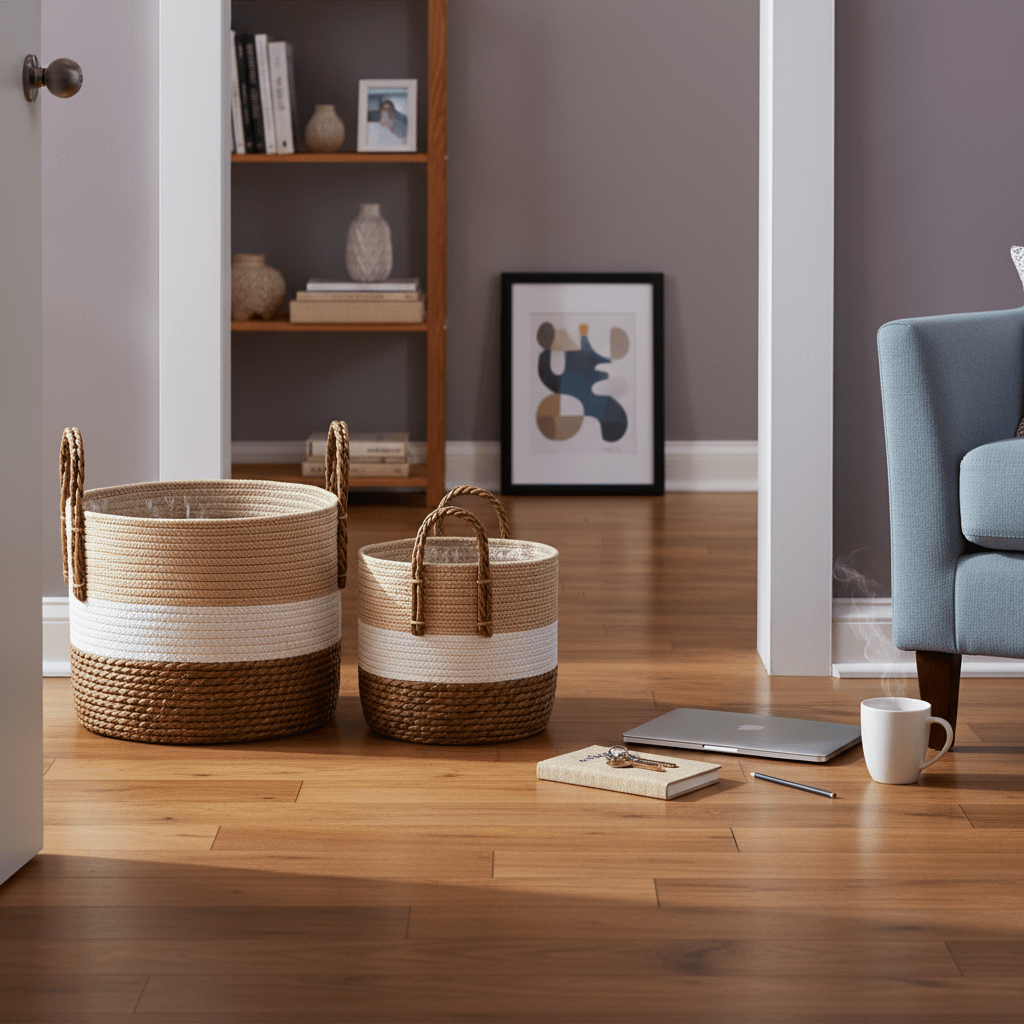 Woven storage basket set in natural, white, and brown, placed in a cozy living space with a chair and bookshelf.