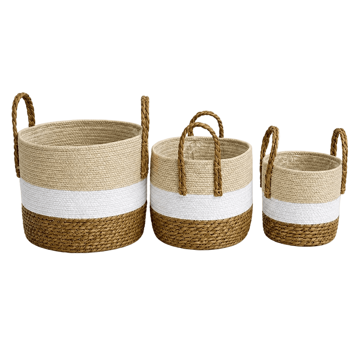 Woven Storage Basket Set (Set of 3) – Natural, White & Brown