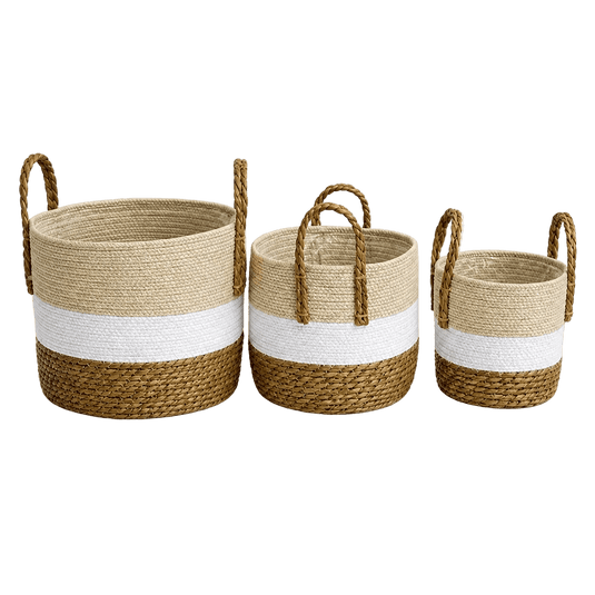 Woven Storage Basket Set (Set of 3) – Natural, White & Brown
