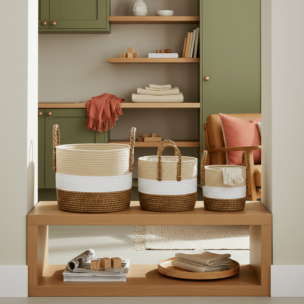 Three woven storage baskets in natural, white, and brown on a wooden shelf, with a cozy living space backdrop.