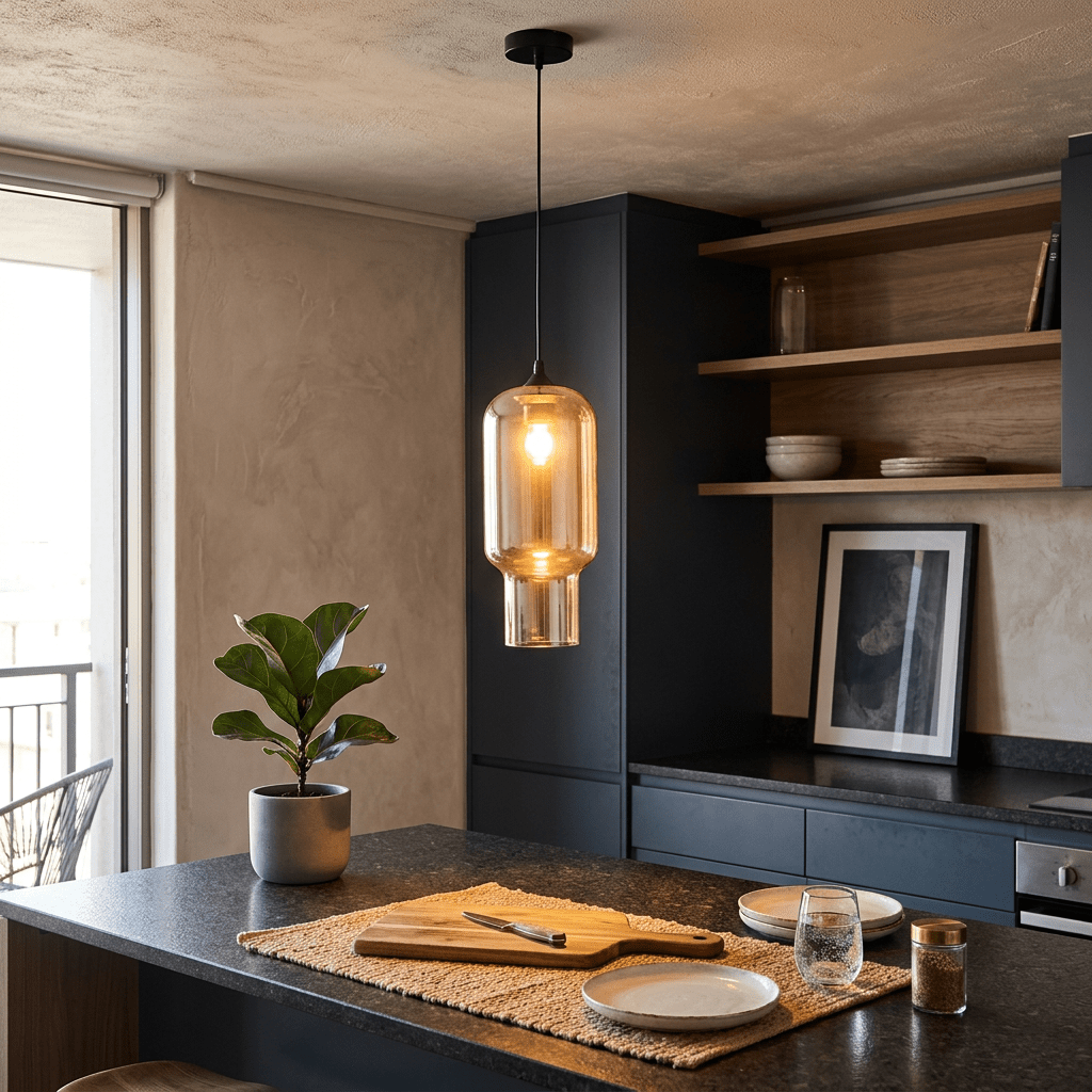 230V 60W E27 Cylinder Glass Pendant - Black with Amber Glass