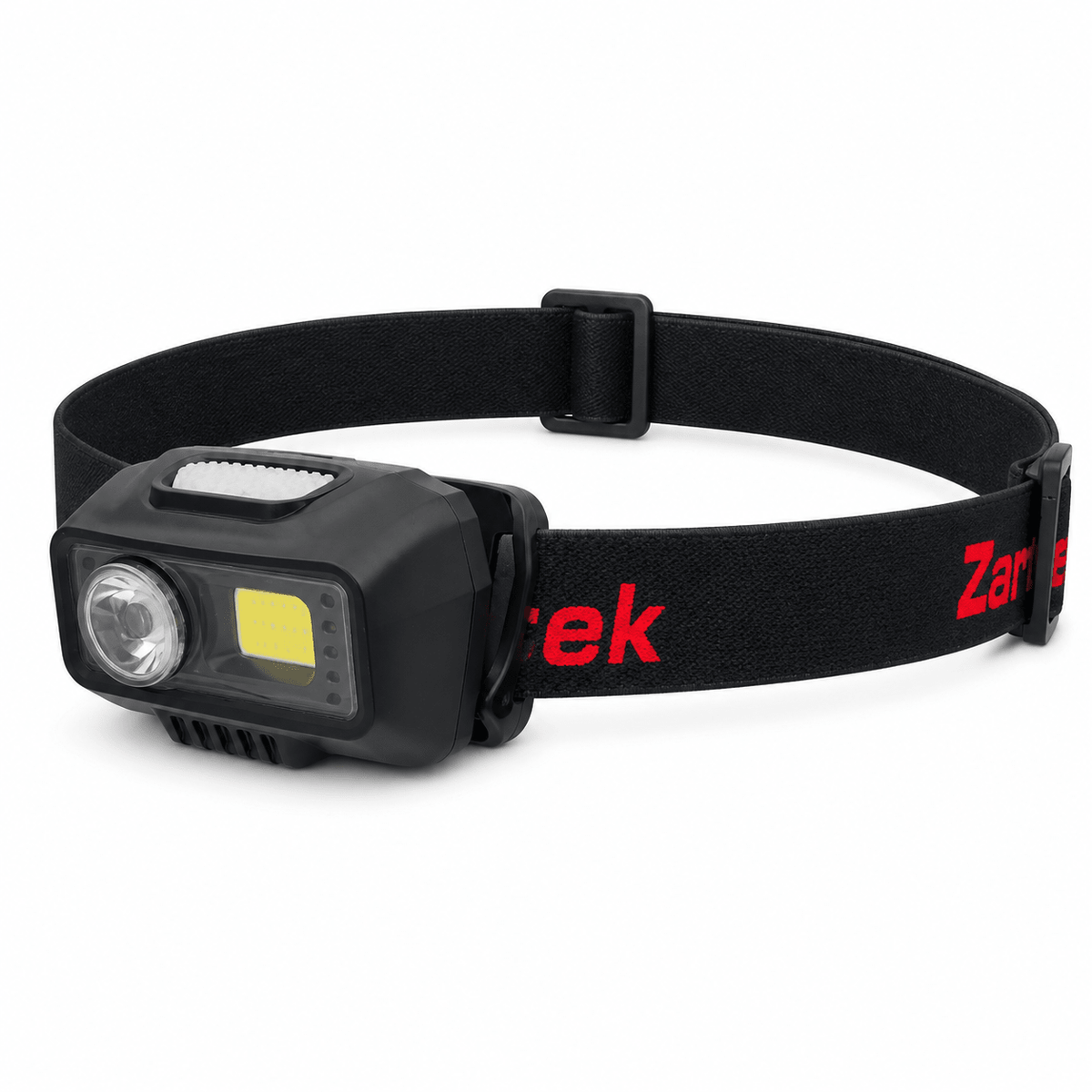 Rechargeable LED headlamp with adjustable strap and motion sensor, designed for hands-free lighting.