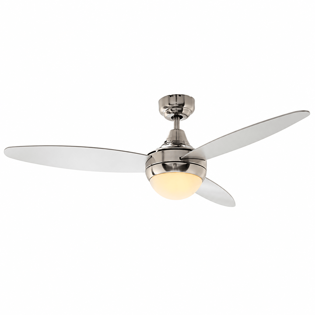 Satin chrome ceiling fan with three blades and integrated light, showcasing a modern design.