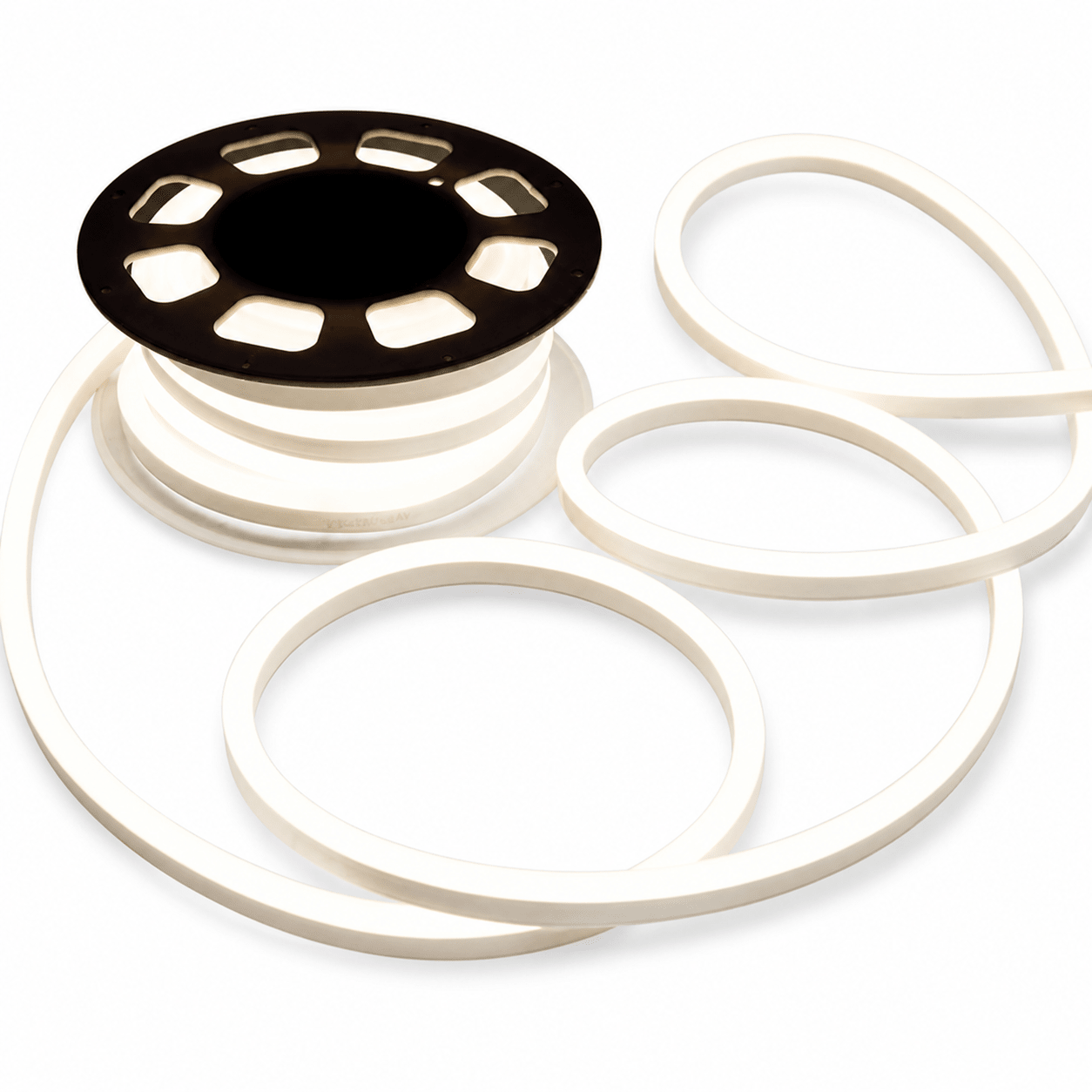 LED 12V Neon Flex Strip in cool white, coiled on a black reel, showcasing its flexible design.