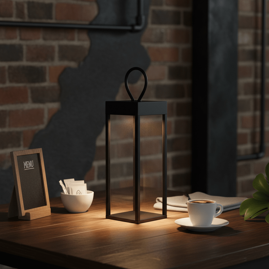 Memphis rechargeable LED lantern on a wooden table with a coffee cup and menu board in a cozy setting.