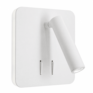 White square wall-mounted lamp with angled cylindrical arm and two vertical slits, shown against plain background.