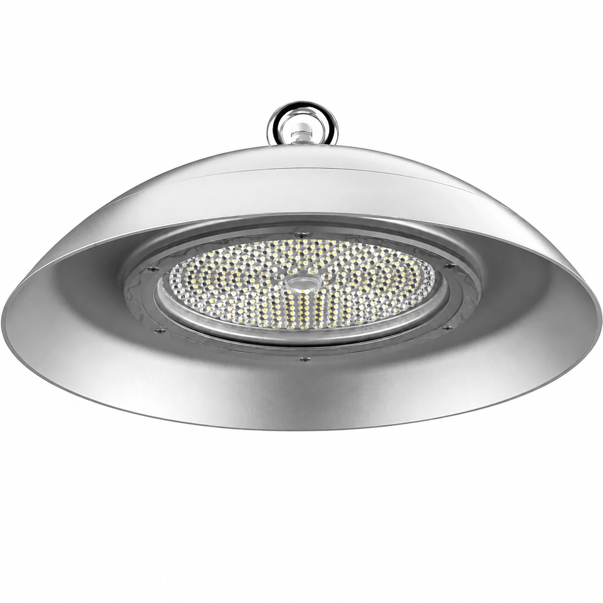 Close-up view of a 100W LED high bay light with a reflective silver finish and multiple LED bulbs.